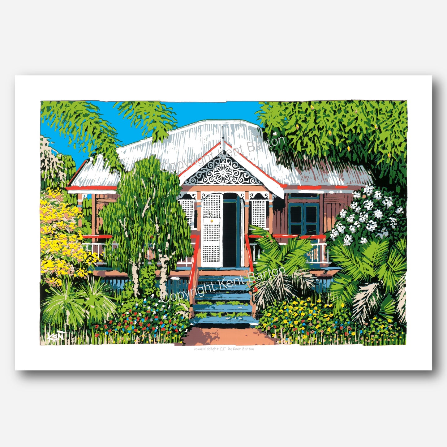 "Front view of Queensland cottage with timber fretwork and subtropical garden."