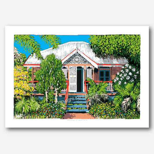 "Front view of Queensland cottage with timber fretwork and subtropical garden."