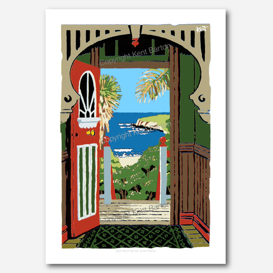 "A view down a hallway of a house to the ocean."