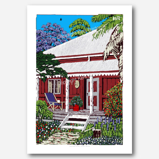 "A bush cottage with floral gardens with Jacaranda tree in the background."