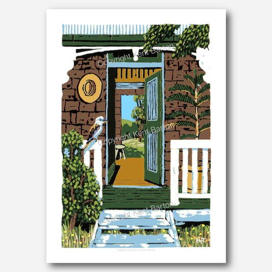 "Kookaburra perches on handrail of old stone cottage with view down the hallway to the yard and hills behind."