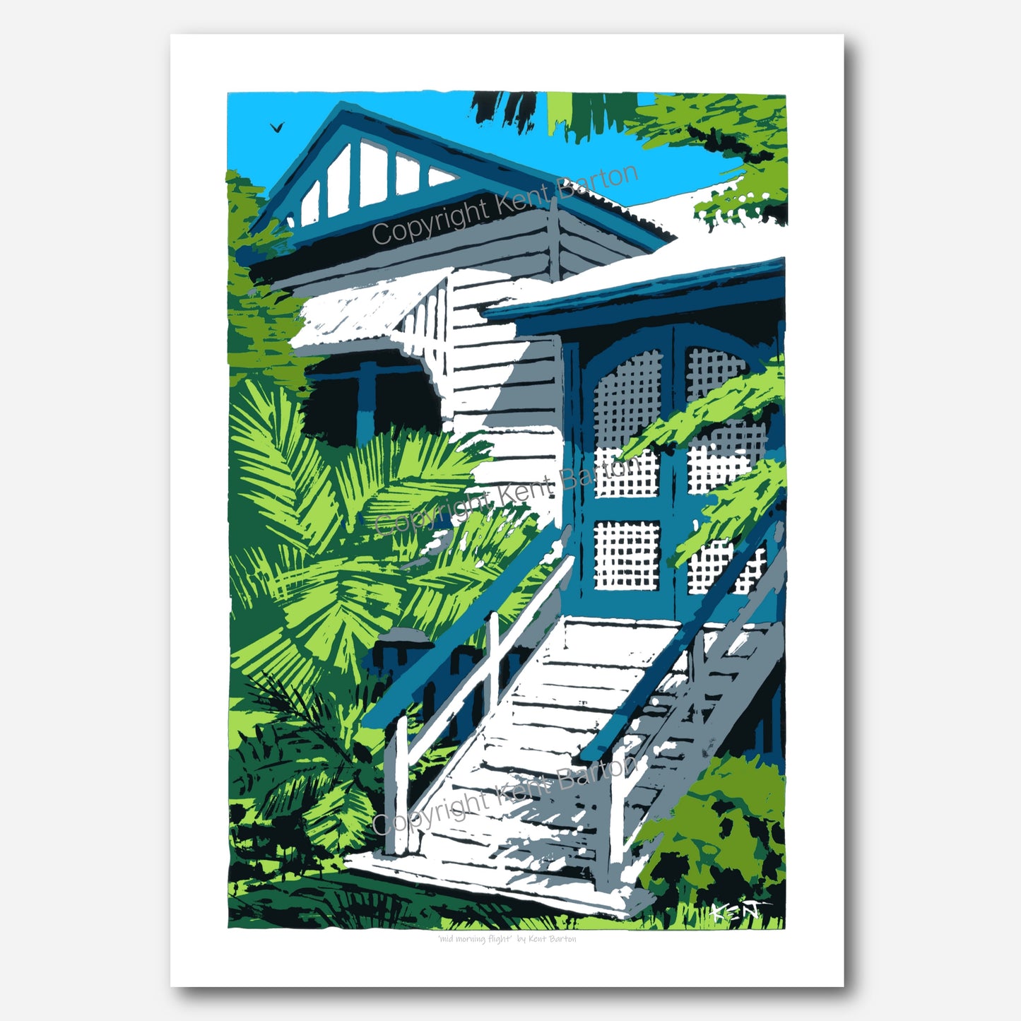 "Sunlit front stairs of old timber house."