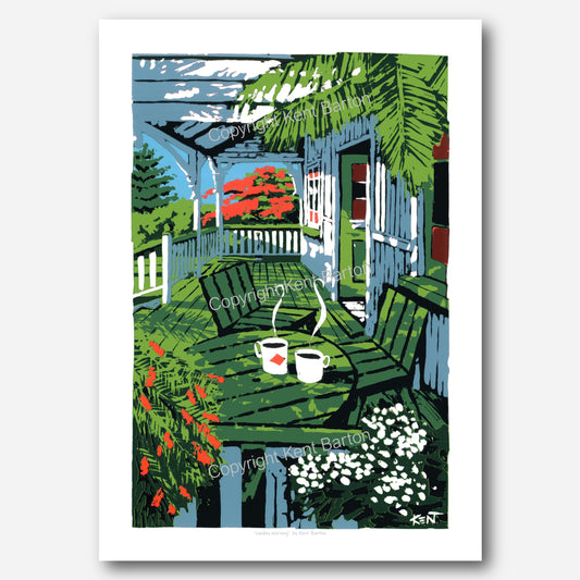 "Two steaming coffees on a table on a sunlit cottage veranda surrounded by trees."